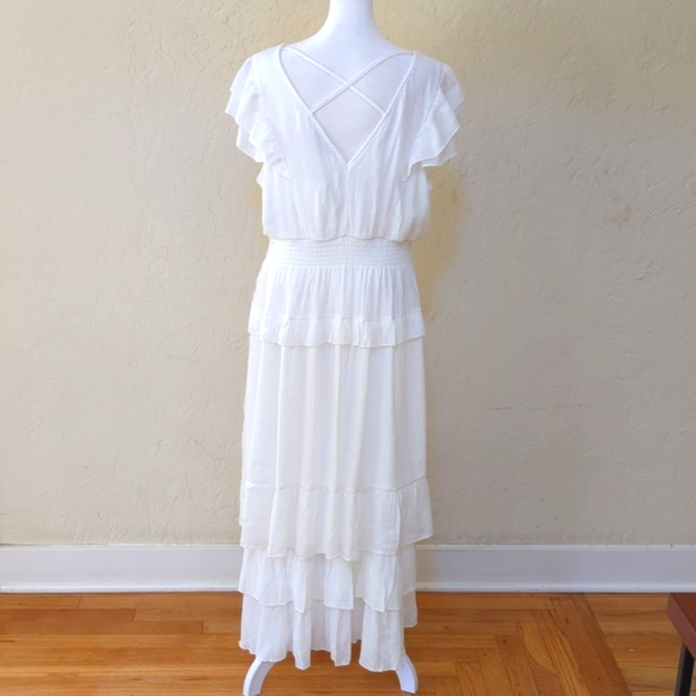 J Gee White Textured Tiered Ruffled V Neck Maxi Dress Size XL - Picture 8 of 10